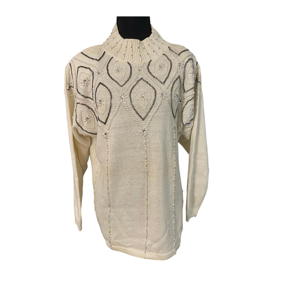 Victoria Jones Cream Beaded Sweater Women’s Small Vintage 80s Holiday Party Glam